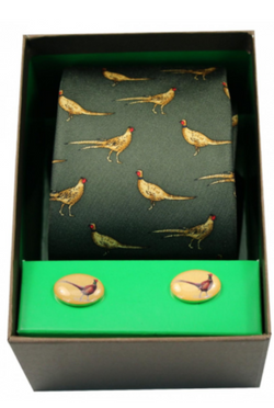 Green Standing Pheasant Tie & Cufflink Set