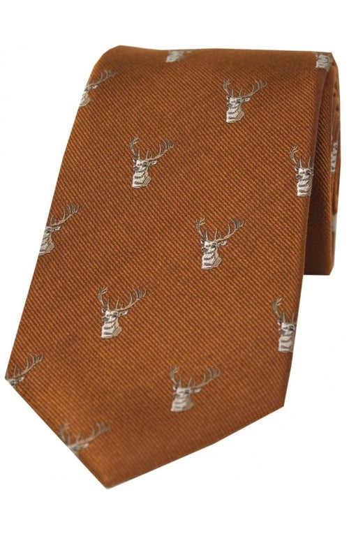 Stags Heads on Brown Silk Tie