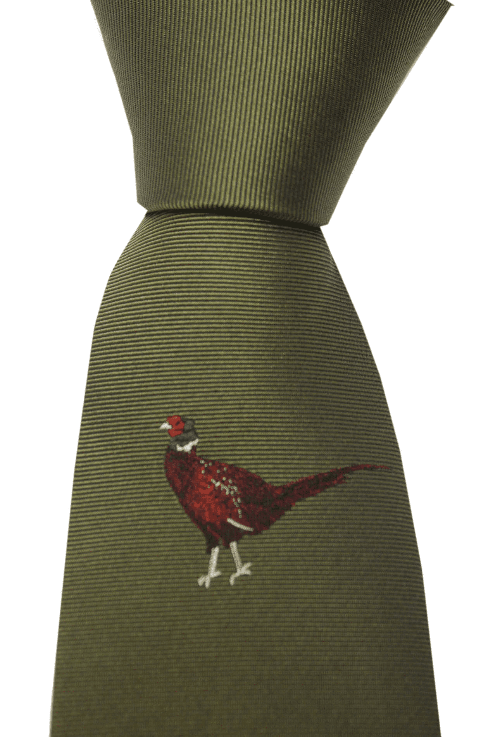 Single Motif Standing Pheasant On Green Ground (Country Silk Tie)