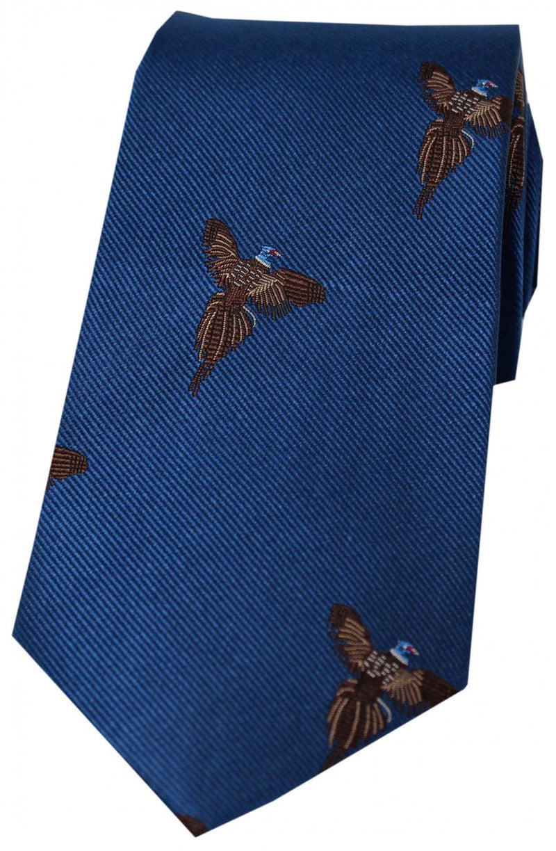 Flying Pheasants on Blue Silk Tie