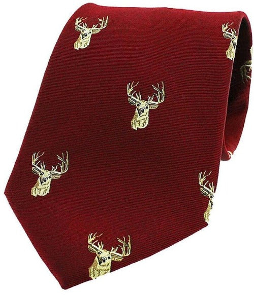 Stags Heads on Wine Silk Tie