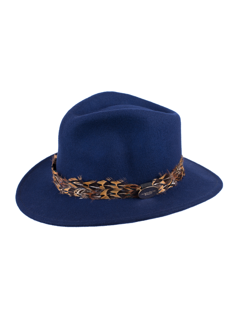 The Suffolk Fedora in Navy (Pheasant Feather Wrap)